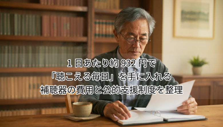 シニア男性が補聴器の費用と医療費控除・障害者総合支援法の補装具費支給制度を検討するシーン