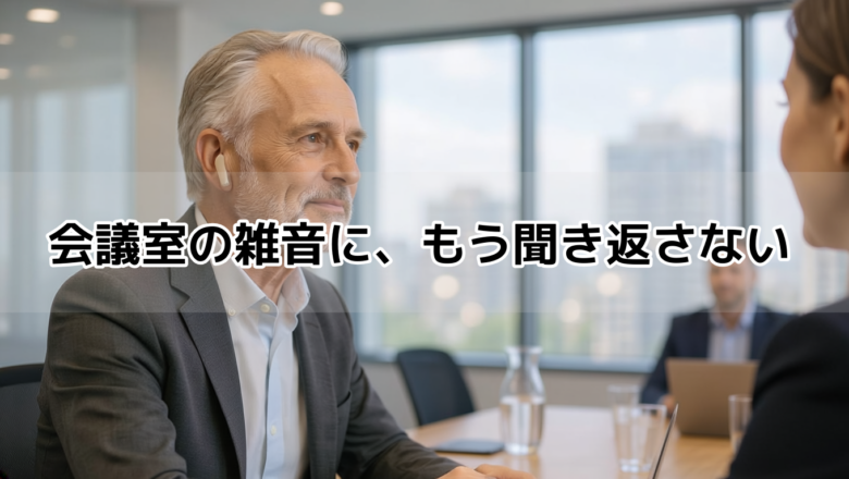 ビジネス会議で補聴器を活用するシニア世代のプロフェッショナルなイメージ｜騒音下でのAI音声処理