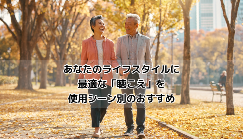 アクティブなシニア夫婦の屋外散歩シーン|補聴器の使用シーン別おすすめ・軽度から高度難聴対応